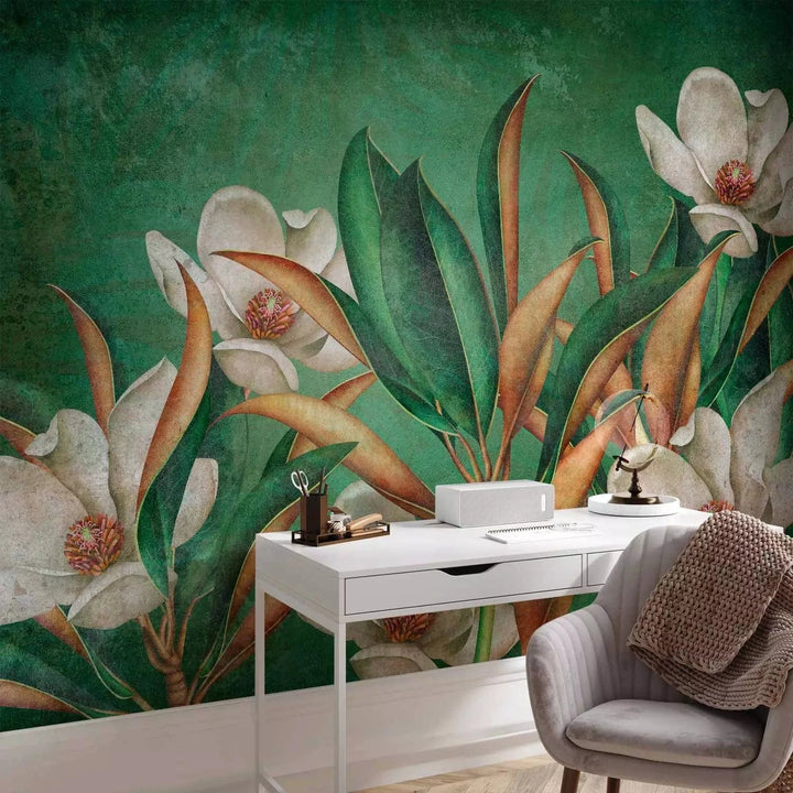 Fototapetes - Savvaļas daba – baltas puķes uz zaļā fona, viesistabai G-ART