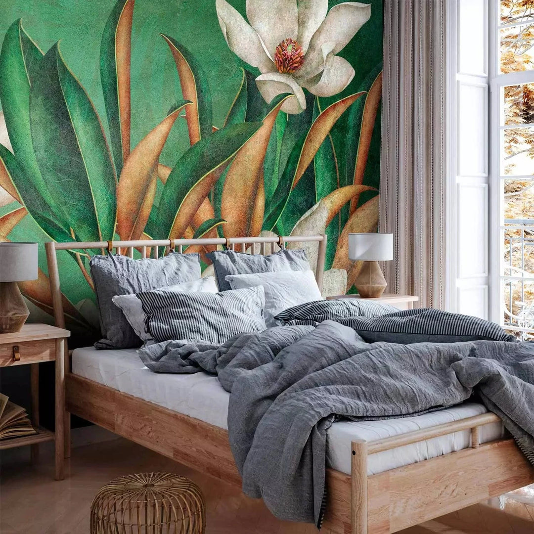 Fototapetes - Savvaļas daba – baltas puķes uz zaļā fona, viesistabai G-ART