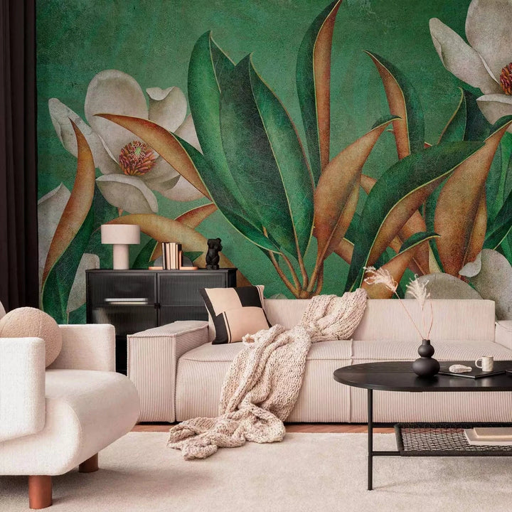 Fototapetes - Savvaļas daba – baltas puķes uz zaļā fona, viesistabai G-ART