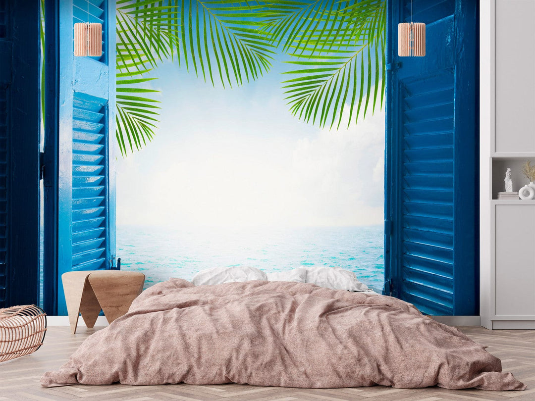 Fototapetes - Skats uz okeānu, atvērti logi ar skatu uz palmām G-ART