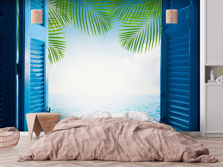 Fototapetes - Skats uz okeānu, atvērti logi ar skatu uz palmām G-ART