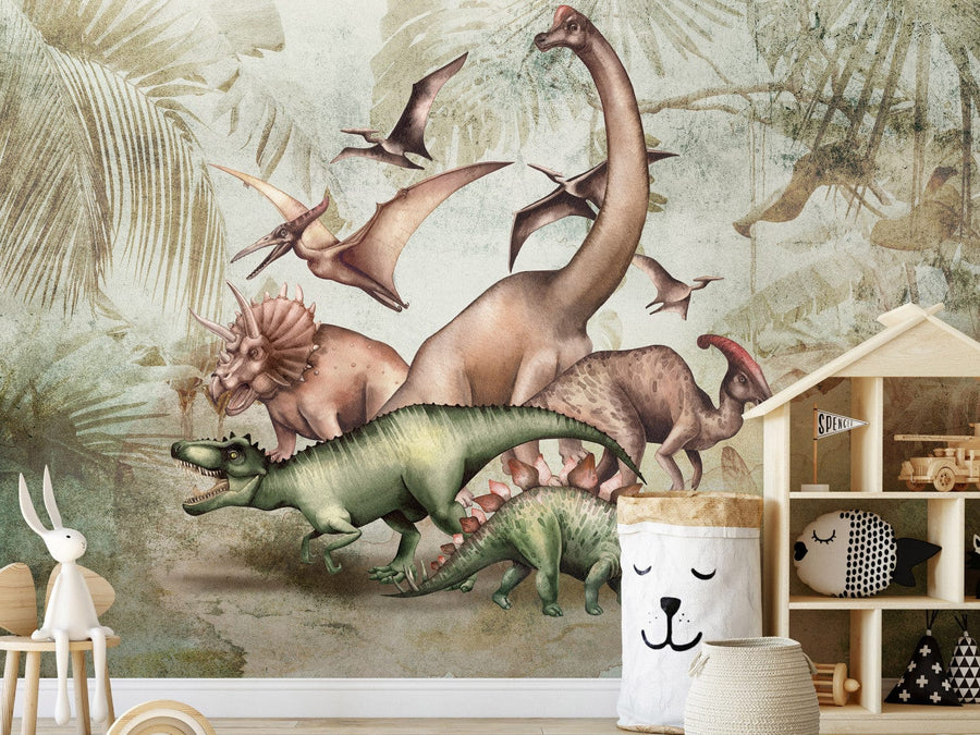 Fototapetes ar dinozauriem - Trikeratops, tiranozaurs un stegozaurs G-ART
