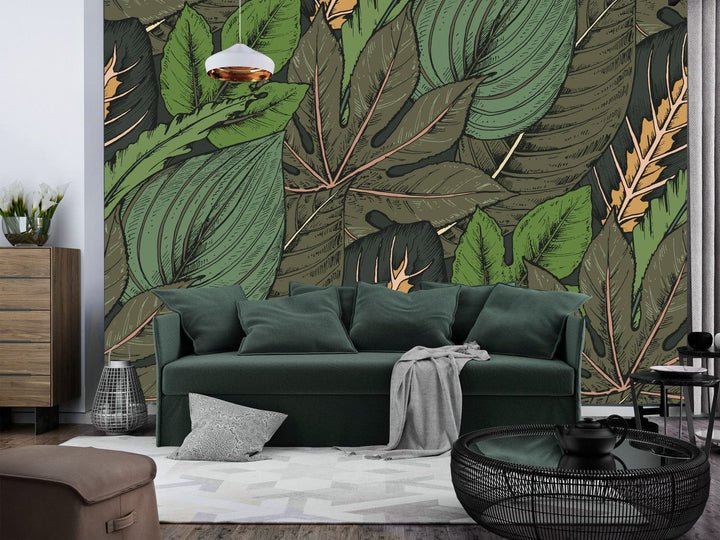 Fototapetes zaļā krāsā - Tropisko lapu kompozīcija zaļās krāsās G-ART