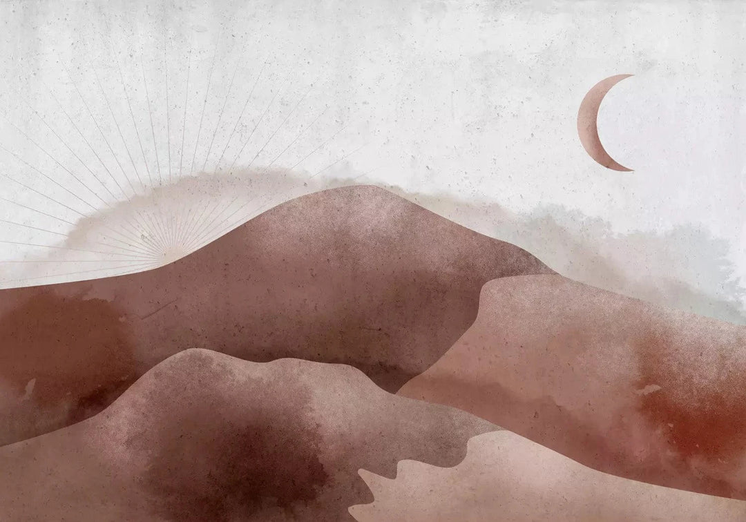 Fototapetes - tuksneša ainava ar mēnesi un saullēktu G-ART