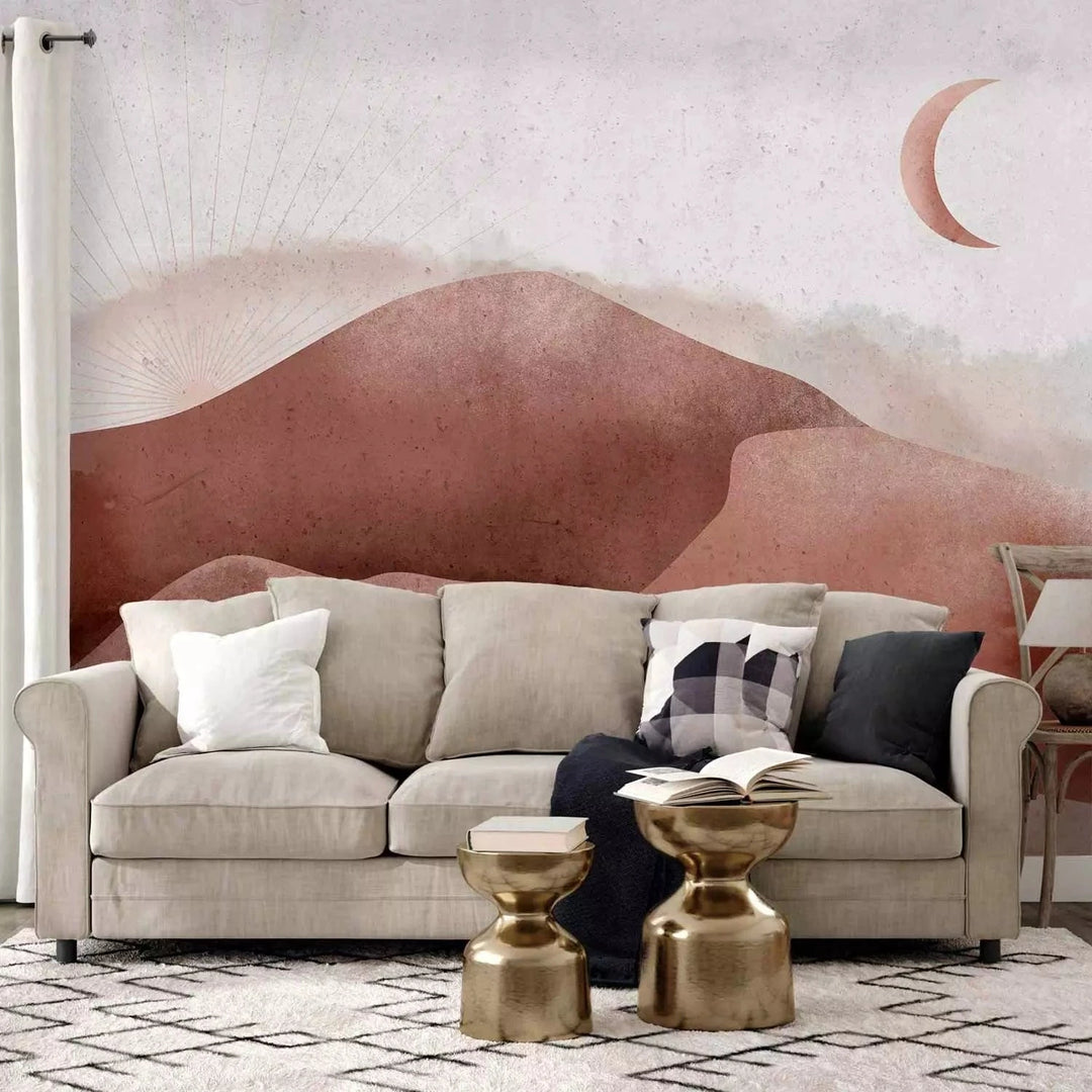 Fototapetes - tuksneša ainava ar mēnesi un saullēktu G-ART