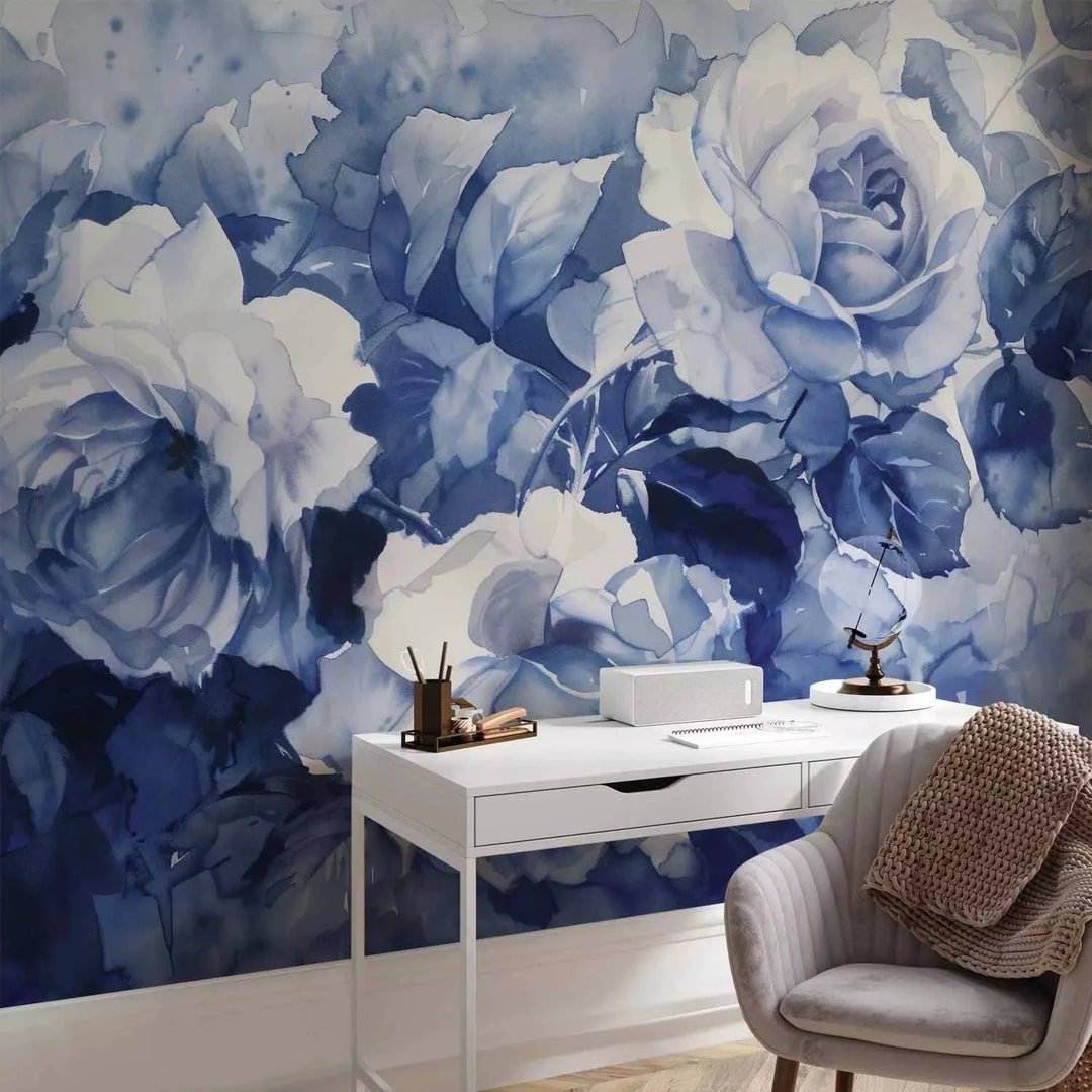 Fototapetes - Ūdenskrāsas rozes - kompozīcijas zilos toņos G-ART