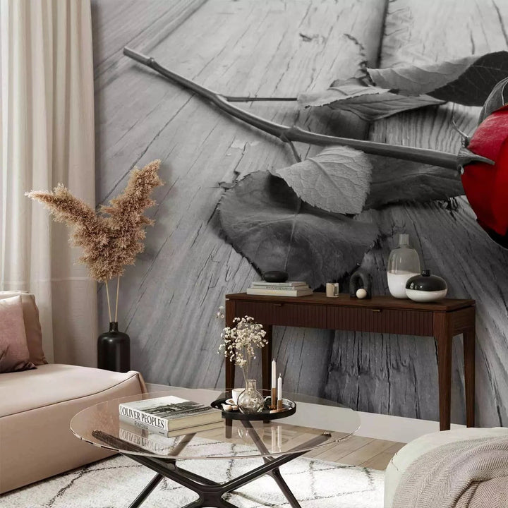 Fototapetes - Vientuļa roze - sarkana roze uz pelēka koka tekstūras G-ART