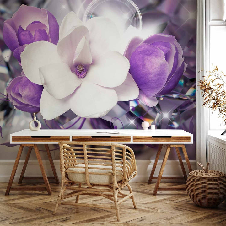 Fototapetes viesistabai violetos toņos ar ziediem: violeta, balta G-ART