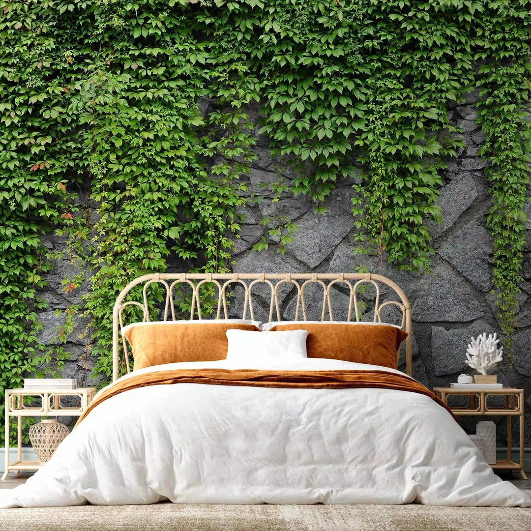 Fototapetes - Zaļā siena - ar akmens un zaļām lapām G-ART