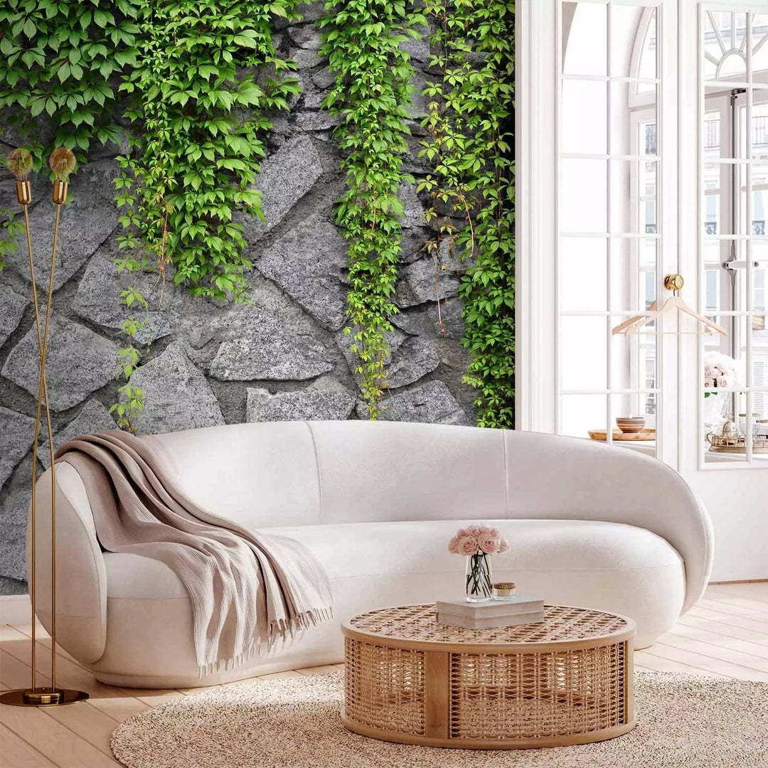 Fototapetes - Zaļā siena - ar akmens un zaļām lapām G-ART