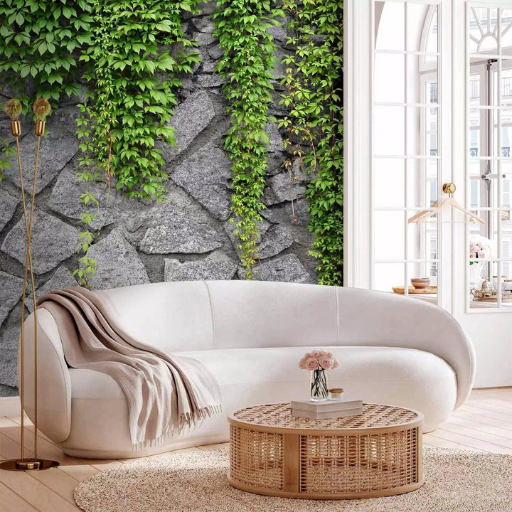 Fototapetes - Zaļā siena - ar akmens un zaļām lapām G-ART