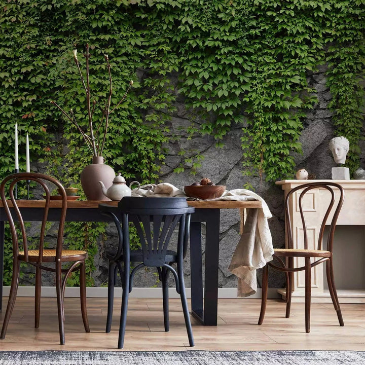 Fototapetes - Zaļā siena - ar akmens un zaļām lapām G-ART