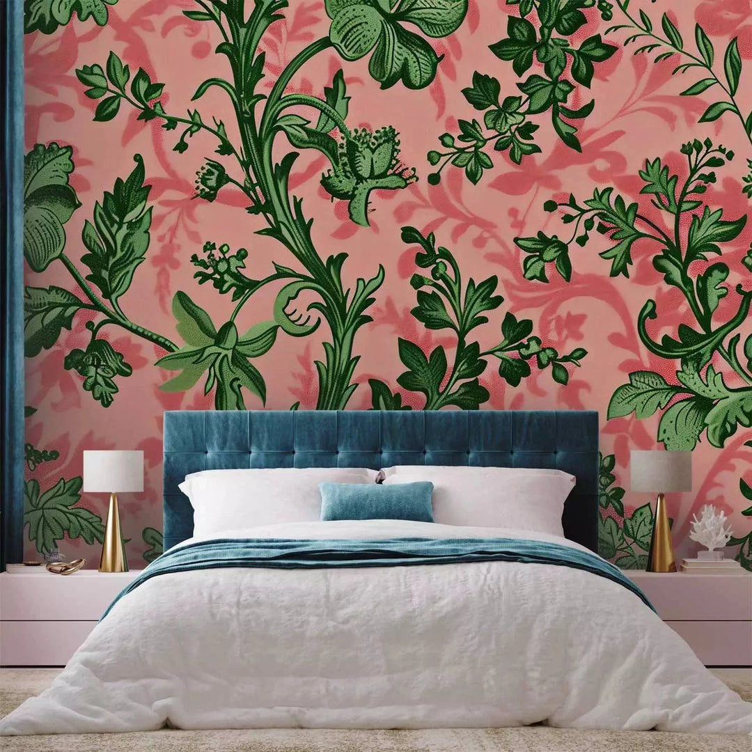 Fototapetes - Zaļas lapas - klasiski ziedu motīvi uz rozā fona G-ART