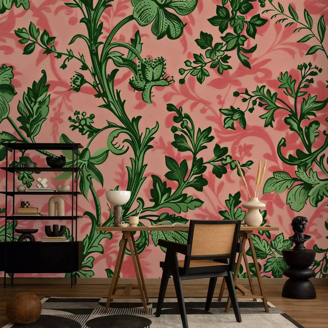 Fototapetes - Zaļas lapas - klasiski ziedu motīvi uz rozā fona G-ART