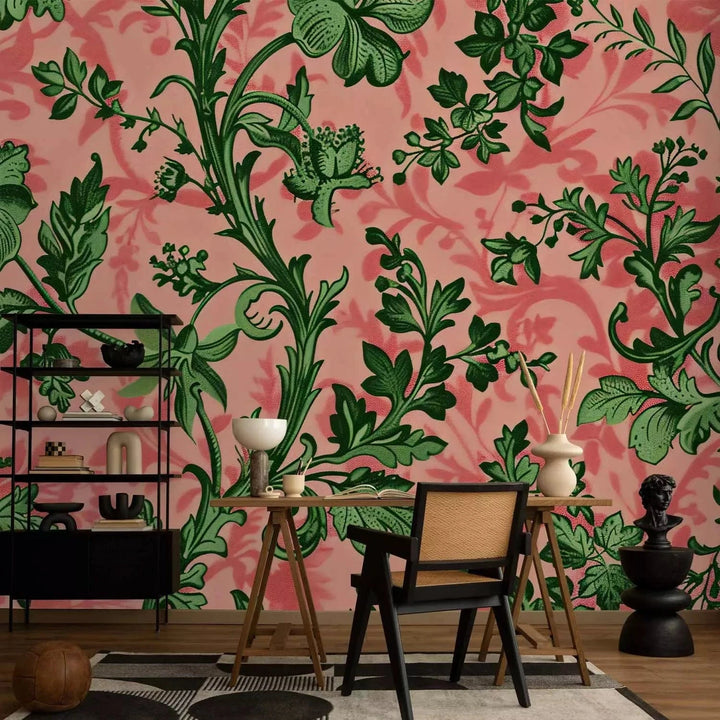 Fototapetes - Zaļas lapas - klasiski ziedu motīvi uz rozā fona G-ART