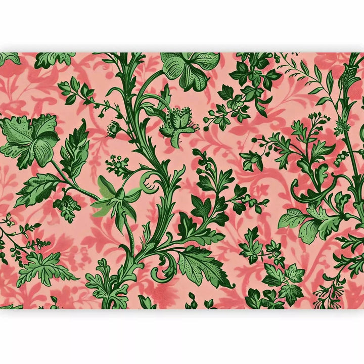 Fototapetes - Zaļas lapas - klasiski ziedu motīvi uz rozā fona G-ART