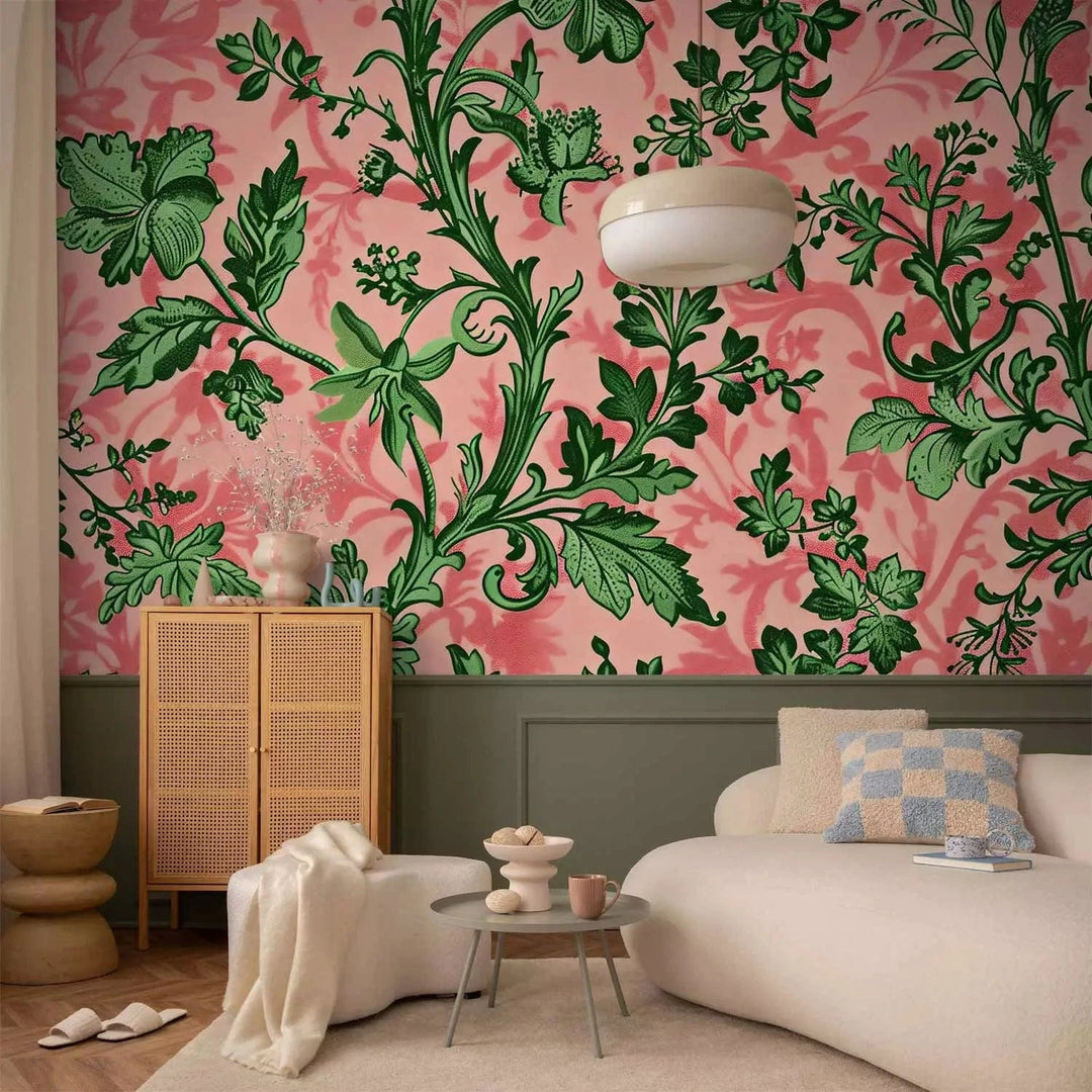 Fototapetes - Zaļas lapas - klasiski ziedu motīvi uz rozā fona G-ART