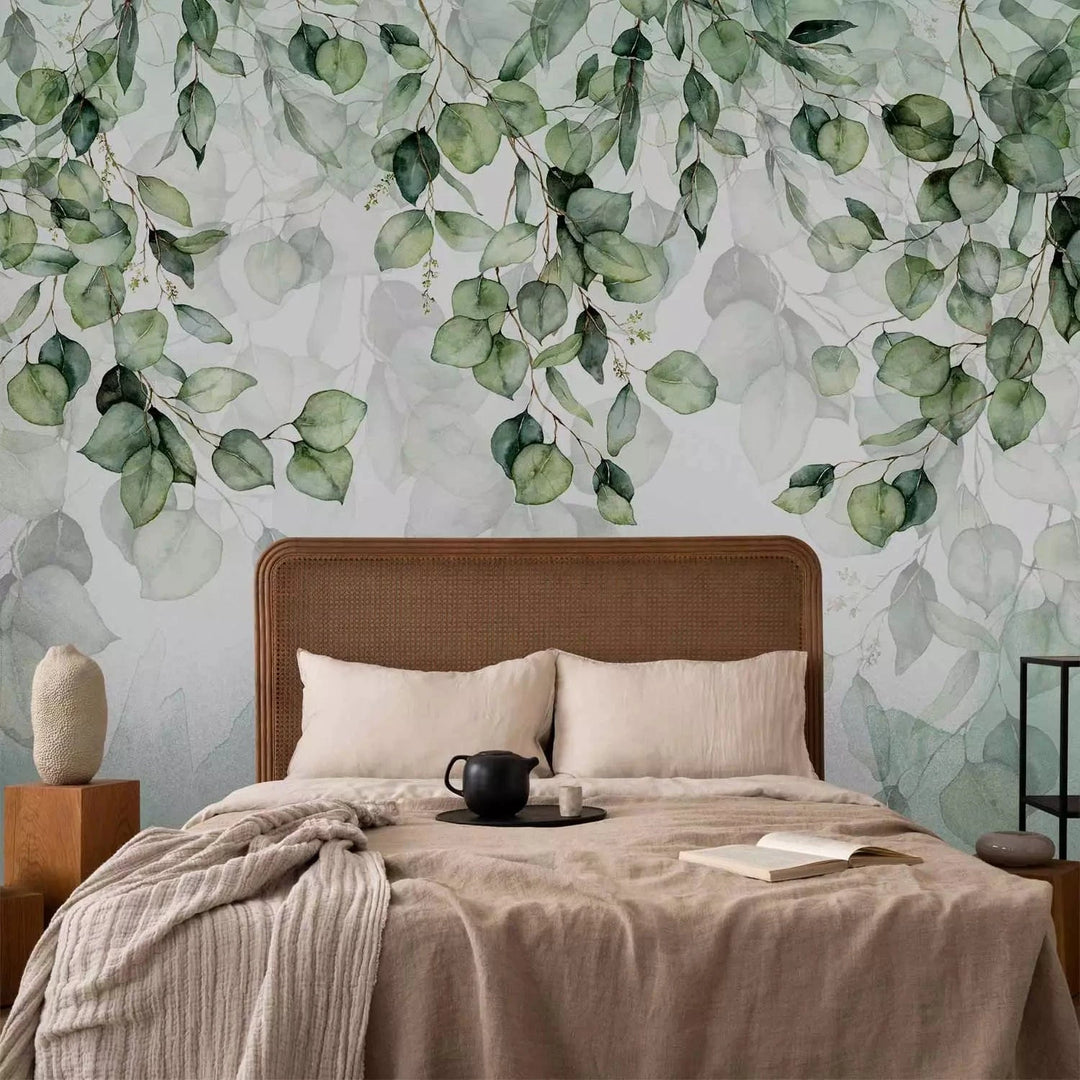 Fototapetes - Zaļas lapas uz balta fona - akvareļu tehnikā G-ART