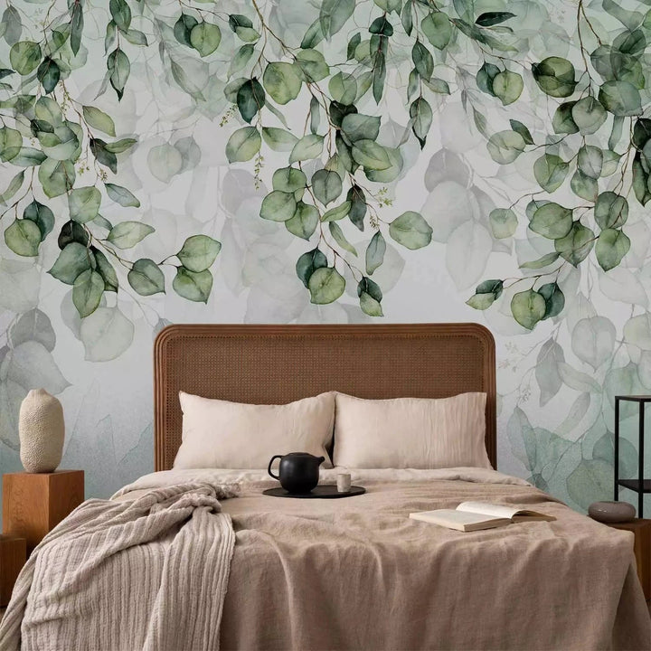 Fototapetes - Zaļas lapas uz balta fona - akvareļu tehnikā G-ART