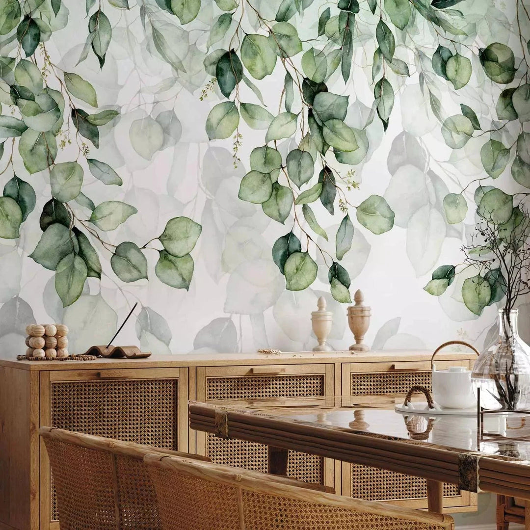 Fototapetes - Zaļas lapas uz balta fona - akvareļu tehnikā G-ART