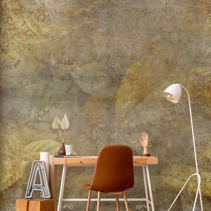 Fototapetes - zelta lapu kompozīcija uz betona tekstūras fona G-ART