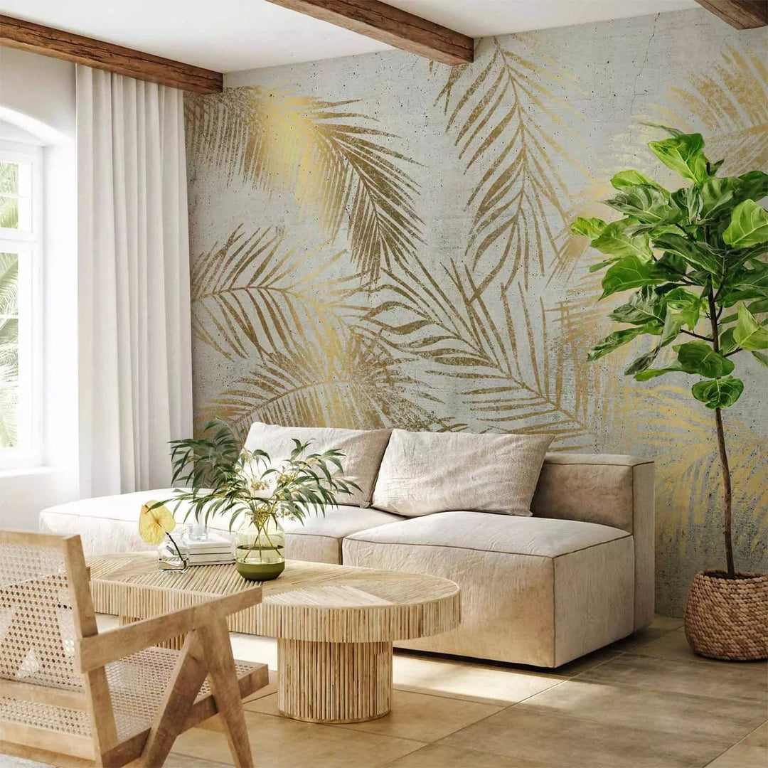Fototapetes - Zelta palmas - interjers tropu stilā G-ART