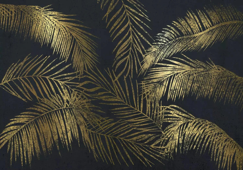 Fototapetes - Zelta palmu lapas uz melna fona - elegants interjers G-ART