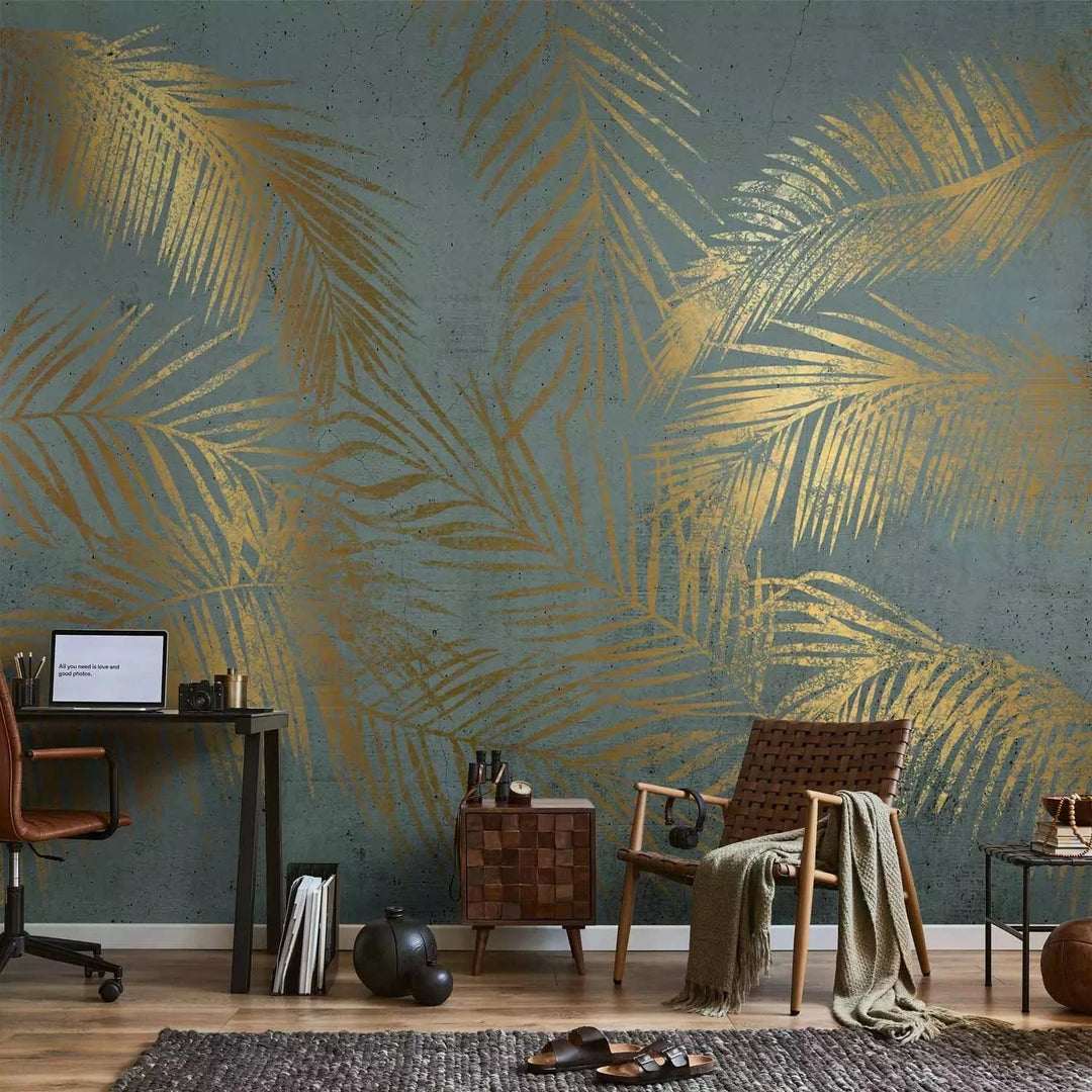 Fototapetes - Zelta palmu lapas uz zila fona - dabas akcents G-ART