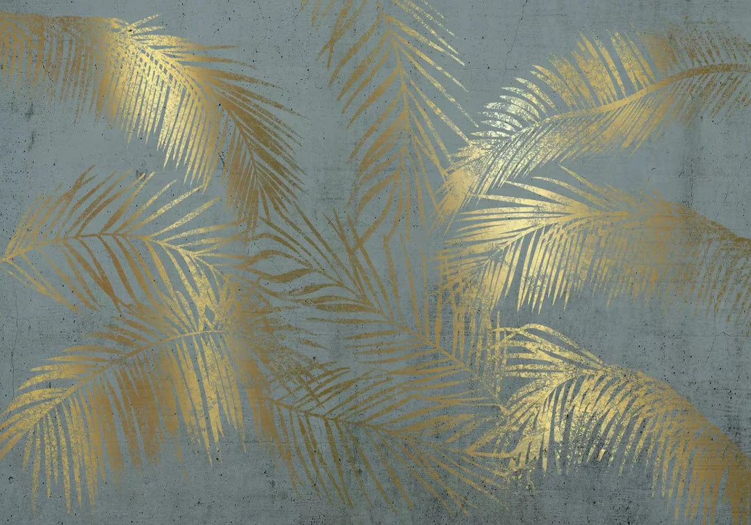 Fototapetes - Zelta palmu lapas uz zila fona - dabas akcents G-ART