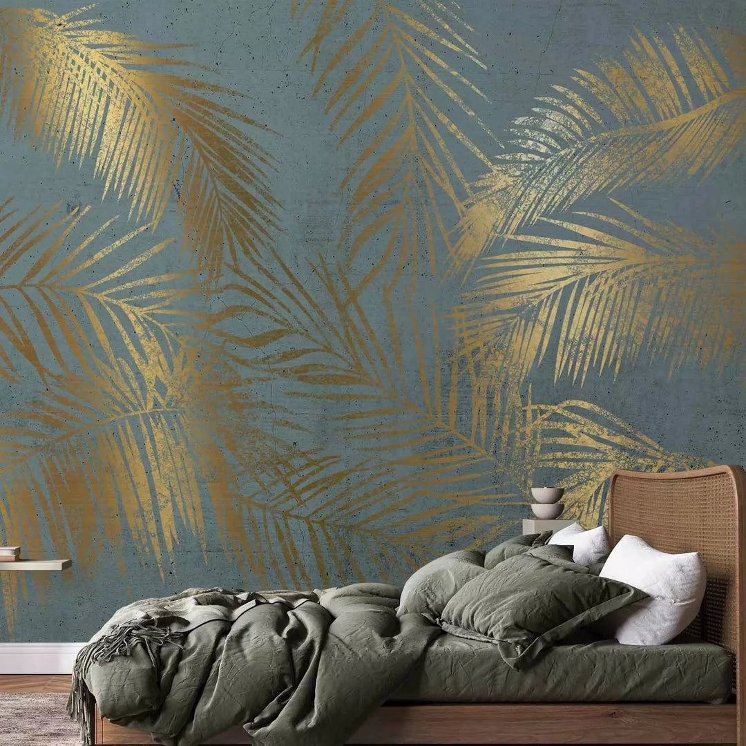Fototapetes - Zelta palmu lapas uz zila fona - dabas akcents G-ART