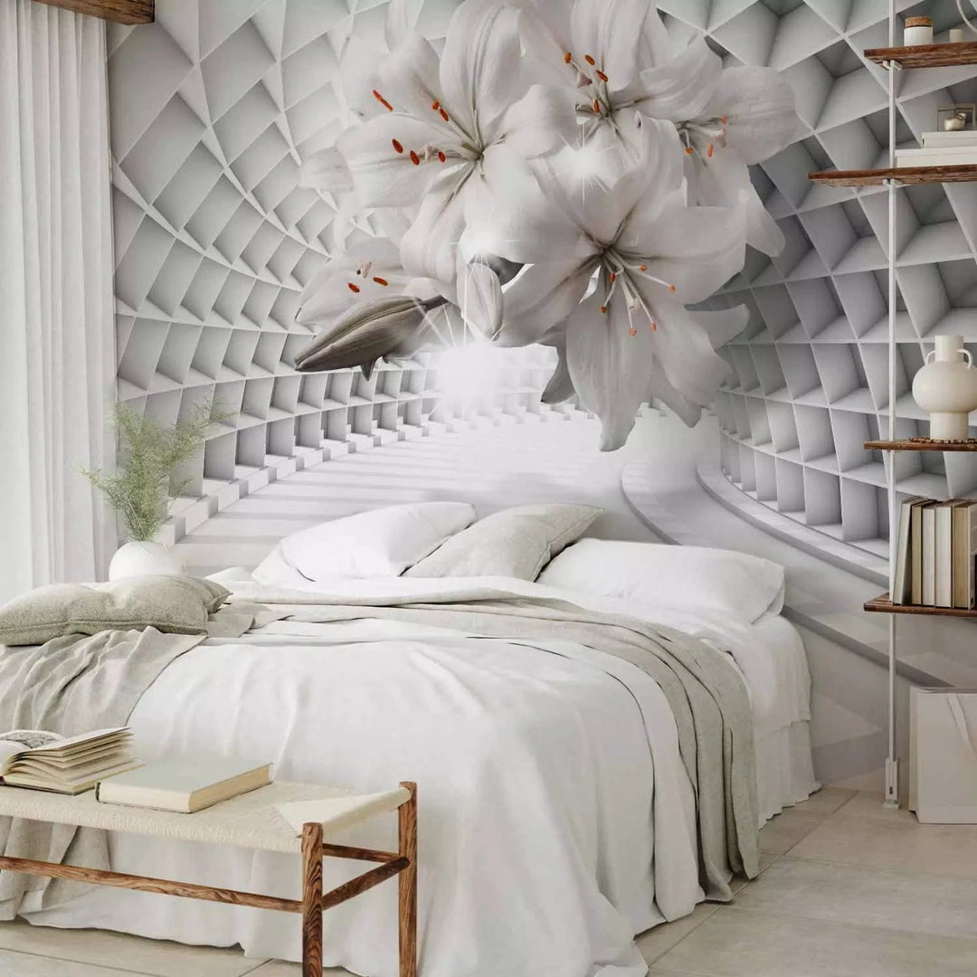 Fototapetes ar lilijām 3D tunelī - gaiši pelēkā krāsā G-ART