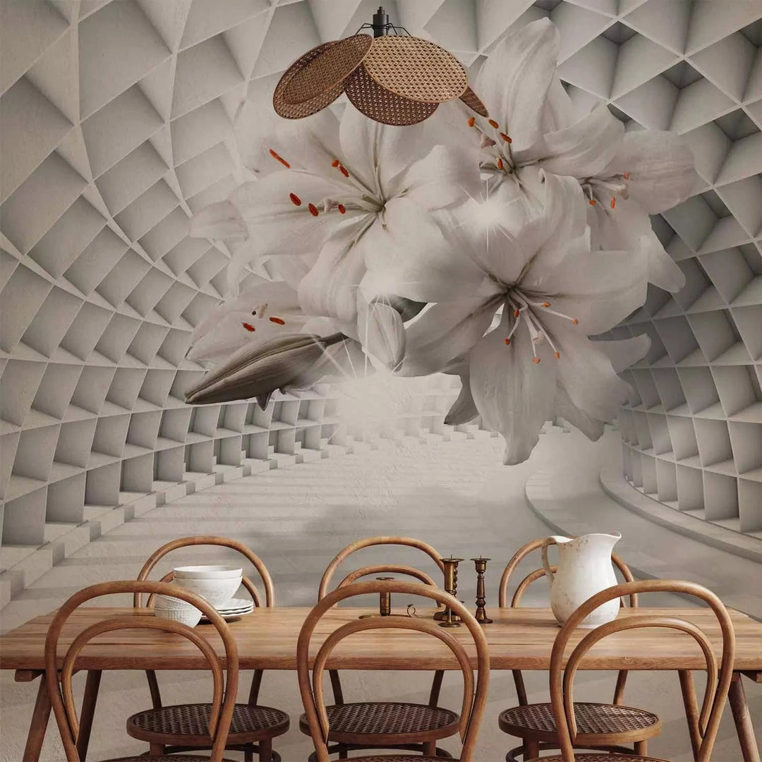 Fototapetes ar lilijām 3D tunelī - gaiši pelēkā krāsā G-ART