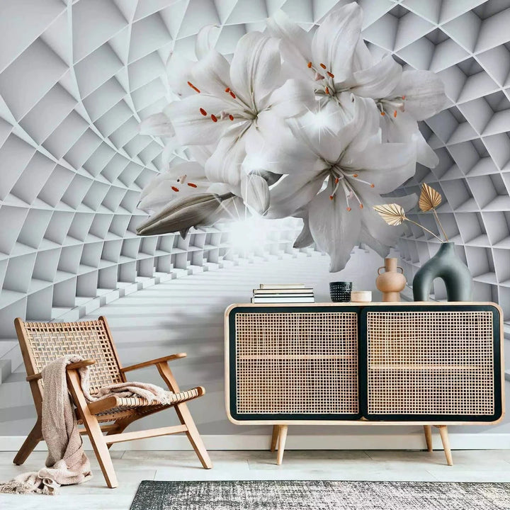 Fototapetes ar lilijām 3D tunelī - gaiši pelēkā krāsā G-ART