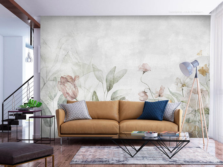 Fototapetes mājīgai viesistabai - Ziedi uz pasteļa zaļa fona - 142703 G-ART