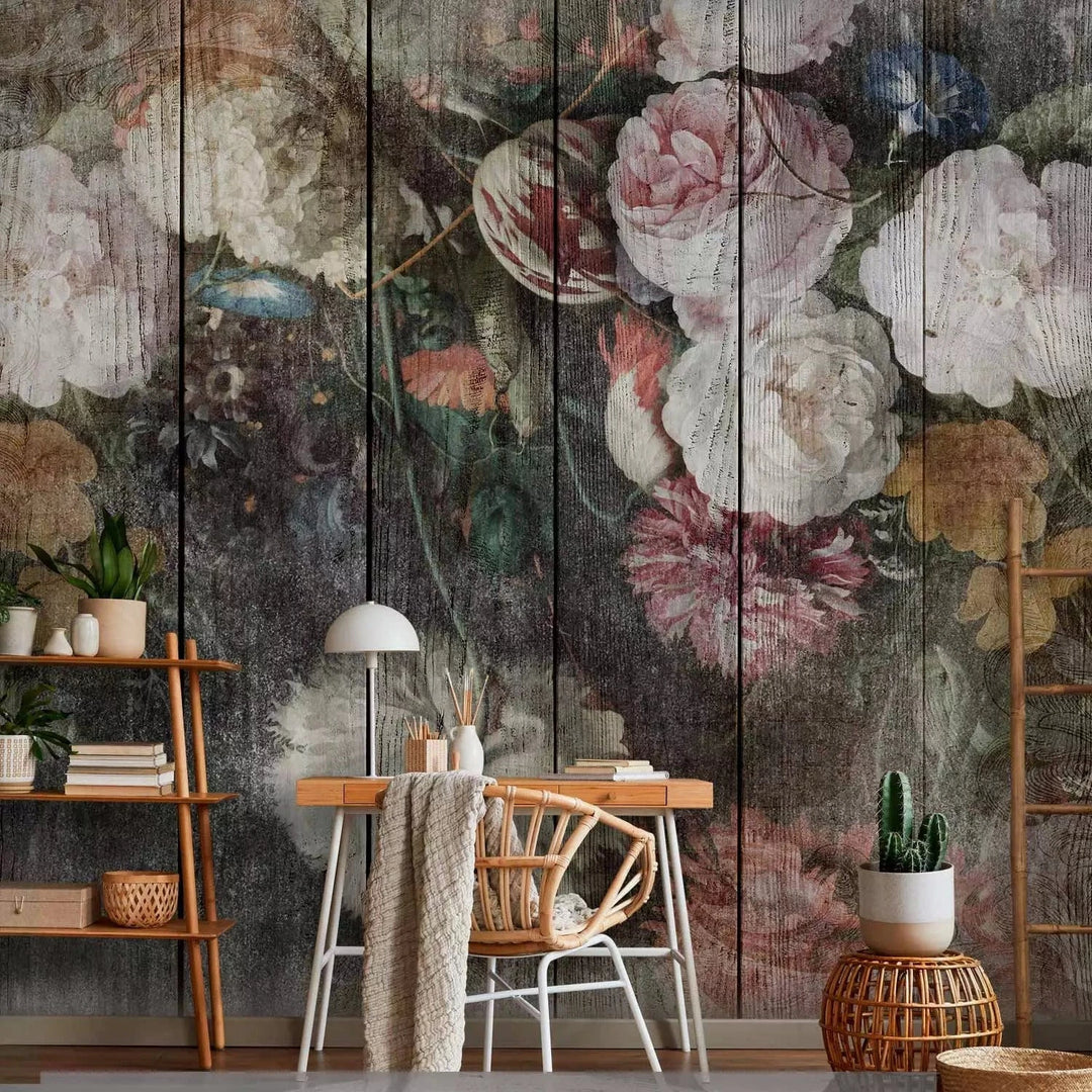 Fototapetes - Ziedošas puķes - retro ziedu motīvs uz koka dēļiem G-ART