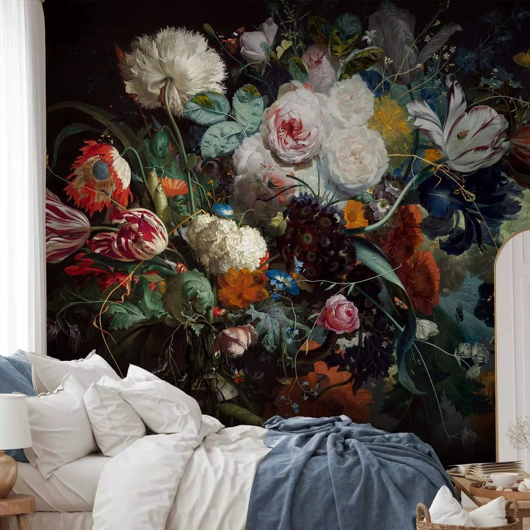 Fototapetes - Ziedu pušķis baroka stilā uz melna fona G-ART