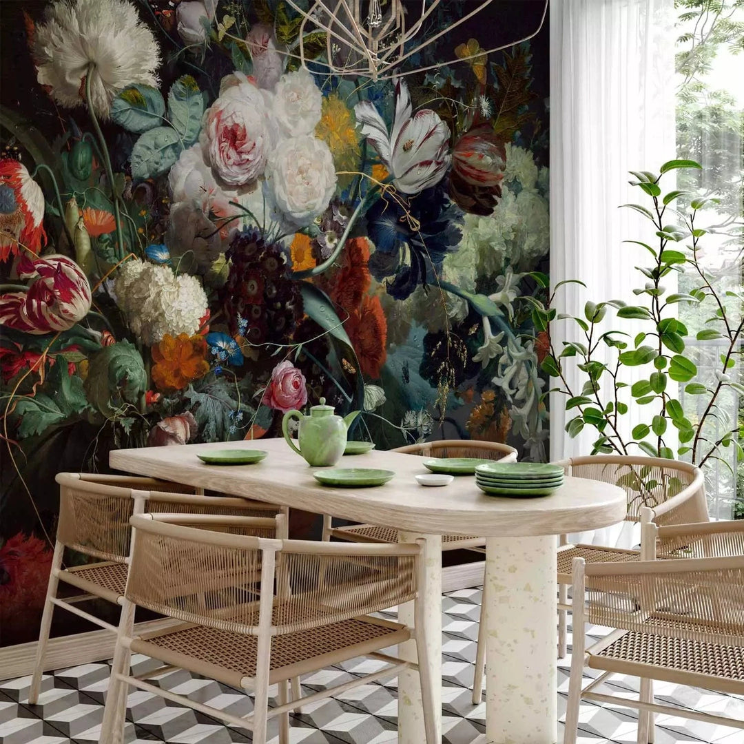 Fototapetes - Ziedu pušķis baroka stilā uz melna fona G-ART