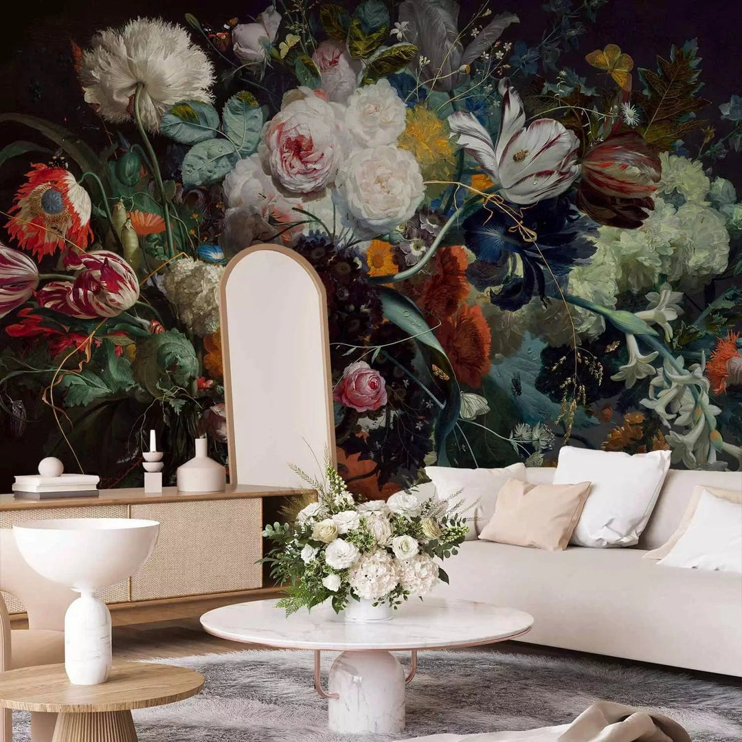 Fototapetes - Ziedu pušķis baroka stilā uz melna fona G-ART