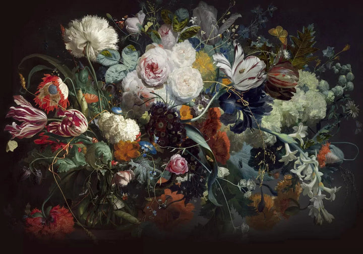 Fototapetes - Ziedu pušķis baroka stilā uz melna fona G-ART