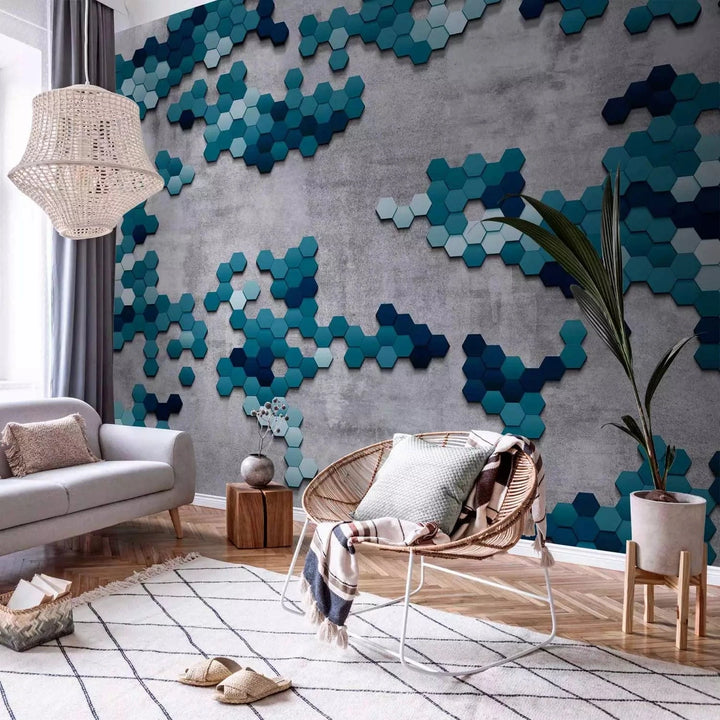 Fototapetes - zili sešstūri uz pelēka betona fona - guļamistabai G-ART