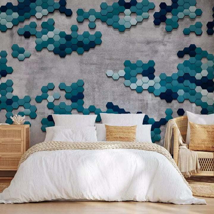 Fototapetes - zili sešstūri uz pelēka betona fona - guļamistabai G-ART