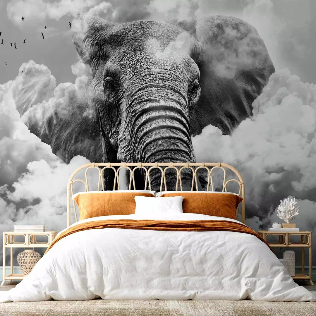 Fototapetes - Āfrikas zilonis debesīs starp mākoņiem ar putniem G-ART