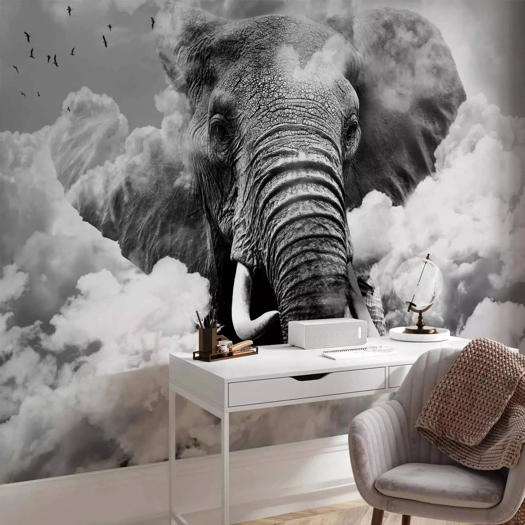 Fototapetes - Āfrikas zilonis debesīs starp mākoņiem ar putniem G-ART