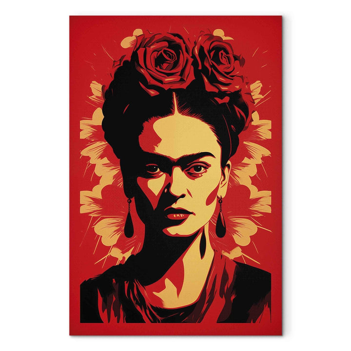 Frida Kahlo - Portrets ar rozēm uz galvas uz sarkana fona, 152227, liels izmērs G-ART