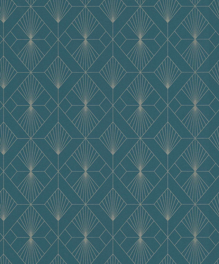 Grafikas Art Deco neaustas tapetes petrolkrāsā un sudrabkrāsā, 620924 RASCH