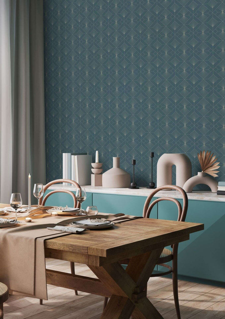 Grafikas Art Deco neaustas tapetes petrolkrāsā un sudrabkrāsā, 620924 RASCH