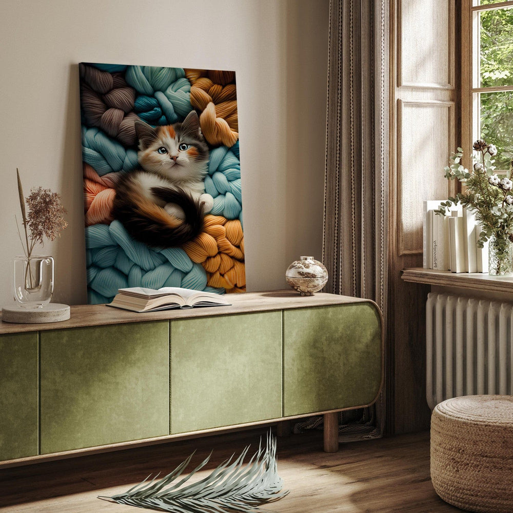 Glezna ar kaķi - Kaķēns atpūšas uz daudzkrāsainas dzijas, 150094🎨🐾 G-ART