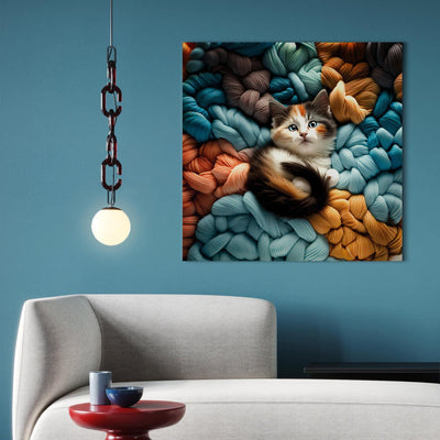 Glezna - Kaķēns atpūšas uz daudzkrāsainas dzijas, 150170 🎨🐾 Tapetenshop.lv
