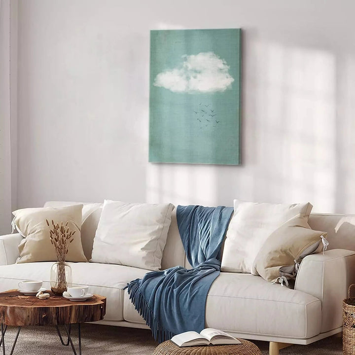 Kanva - Mākoņi un putni – pasteļtoņu debess ainava japandi stilā, zilā G-ART