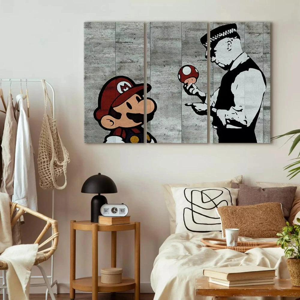 Kanva - Mario no Banksy - Mario Bros, (x 3), pelēkā krāsā G-ART